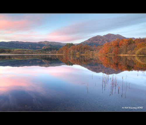 morning pink blue autumn trees red sky orange brown mountain fall water leaves clouds sunrise canon reflections reeds lens photography rebel scotland early still october kiss colours angle wide scottish peaceful multiple kit loch trossachs autumnal hdr x4 exposures downey achray t2i tokina1116mmf28 canoneos550d