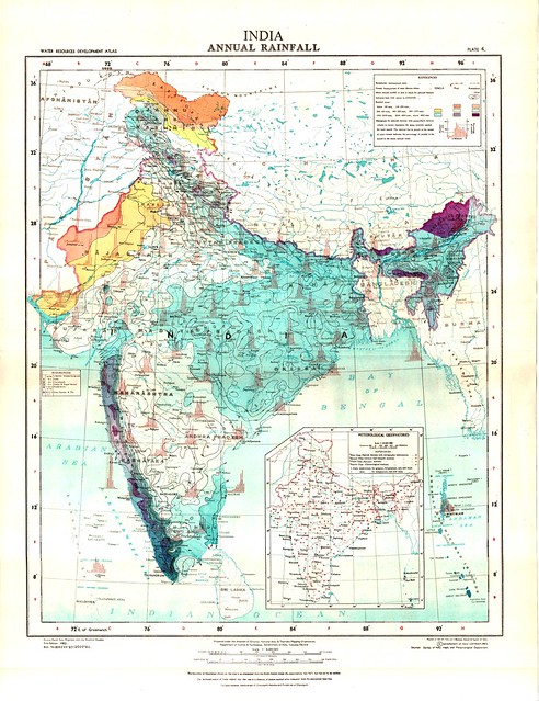 Annual rainfall map of India. The colour blue represents rainfall above 800 mm. The darker the shade the more the rainfall. Shades of purple in the Northeast and Western Ghats represents rainfall above 2000 mm. White represents rainfall in the range of 400-800 mm whereas yellow represents rainfall between 200 and 400 mm. Red represents the lowest amount of rainfall below 200 mm. The darker shade in parts of Rajasthan represent rainfall below 100 mm. 
