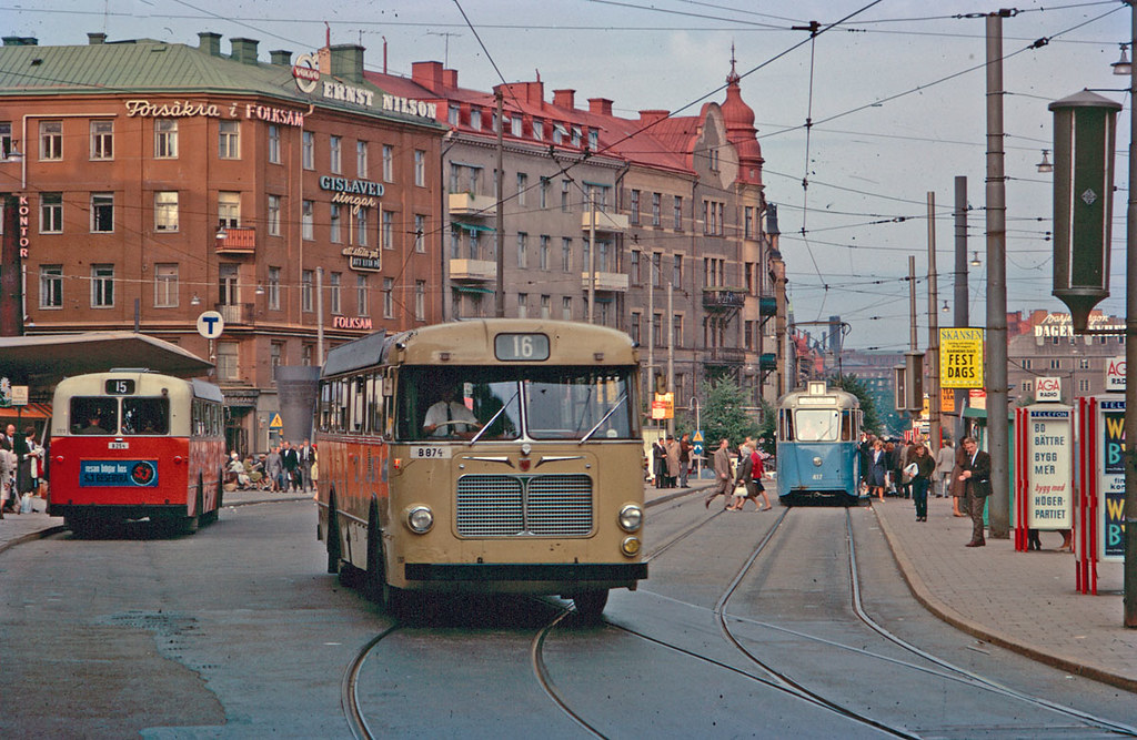 Buses and tram at Odenplan in Stockholm 1962