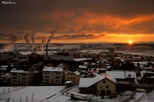 sun snow sunrise switzerland town factory smoke orbe vaud stephanna