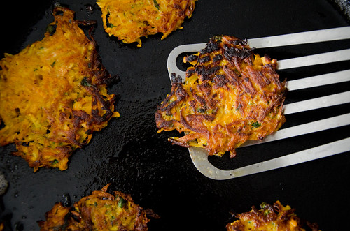 curried sweet potato, carrot, and parsnip latkes