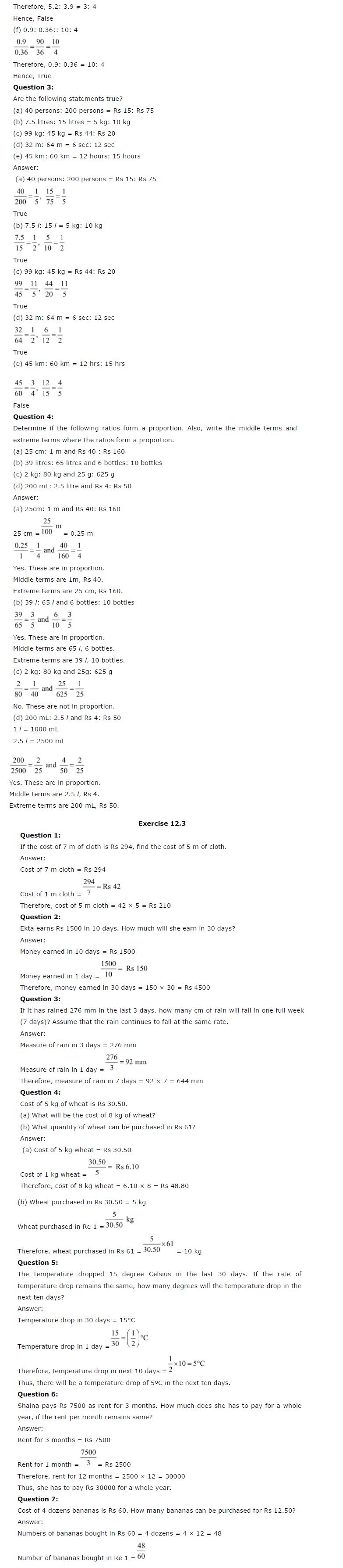 NCERT Solutions For Class 6 Maths Chapter 12 Ratio and Proportion PDF Download