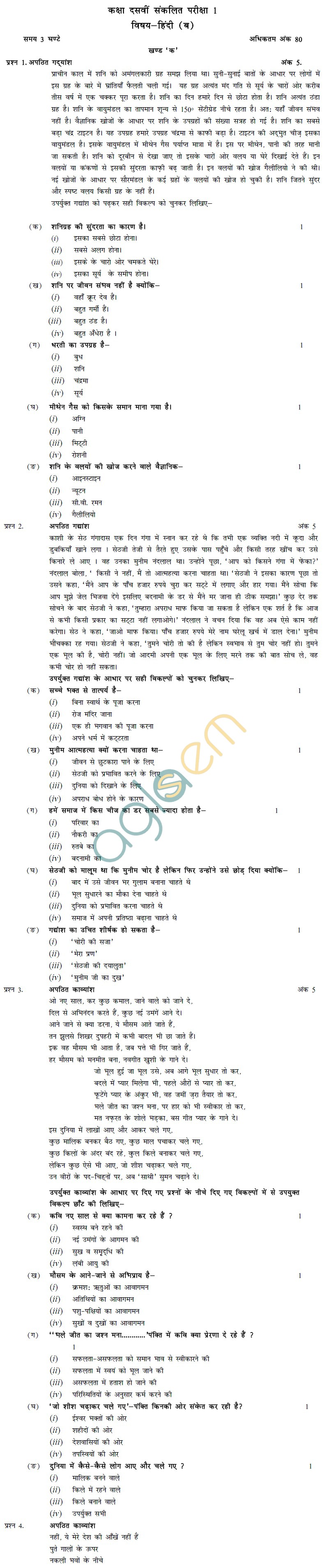 CBSE Board Exam 2013 Sample Papers (SA1) Class X - Hindi B