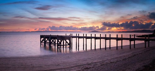 morning newzealand sky panorama seascape beach water silhouette clouds sunrise island dawn coast dock jetty shoreline olympus wharf nz serene e3 maraetai zuiko gitzo 1260mm magazinebay gt2542l