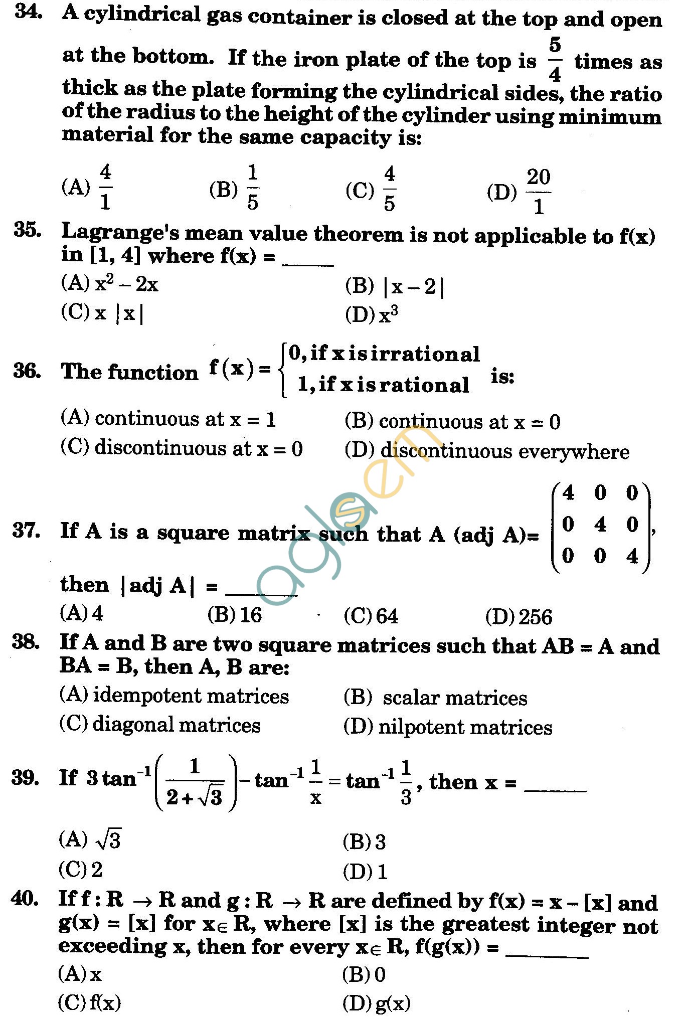 NSTSE 2009 Class XII PCM Question Paper with Answers - Mathematics