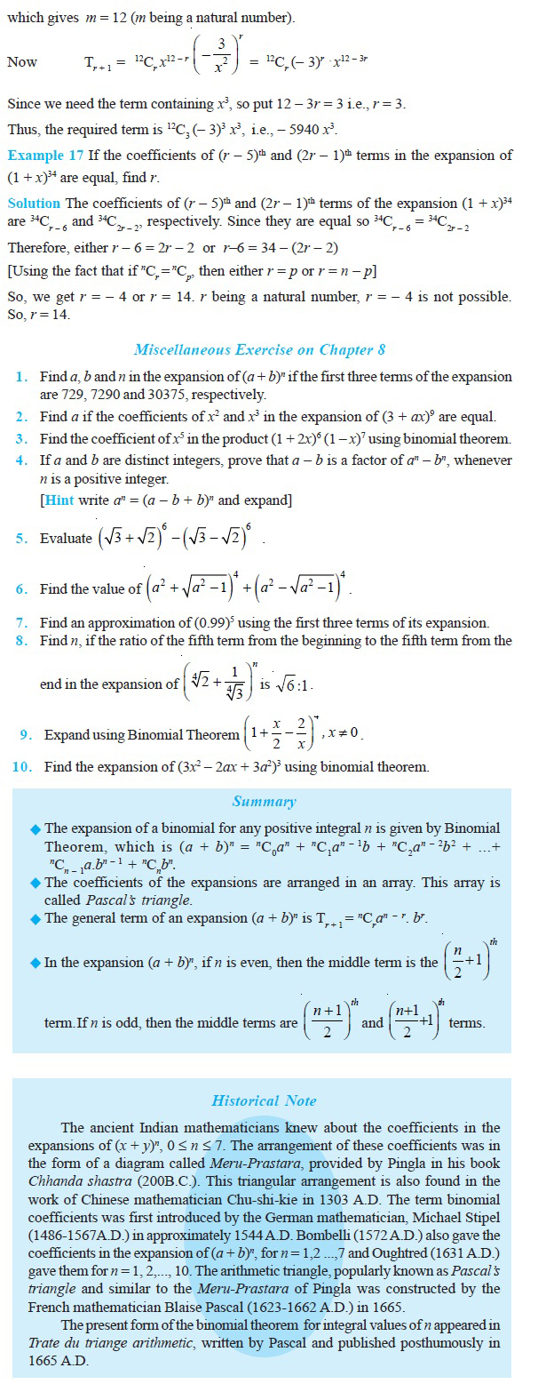 NCERT Class XI Mathematics Chapter 8 – Binomial Theorem