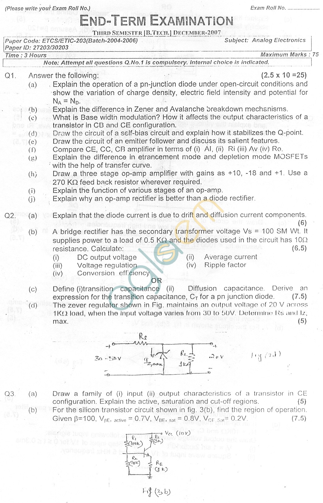 GGSIPU Question Papers Third Semester  End Term 2007  ETCS-203