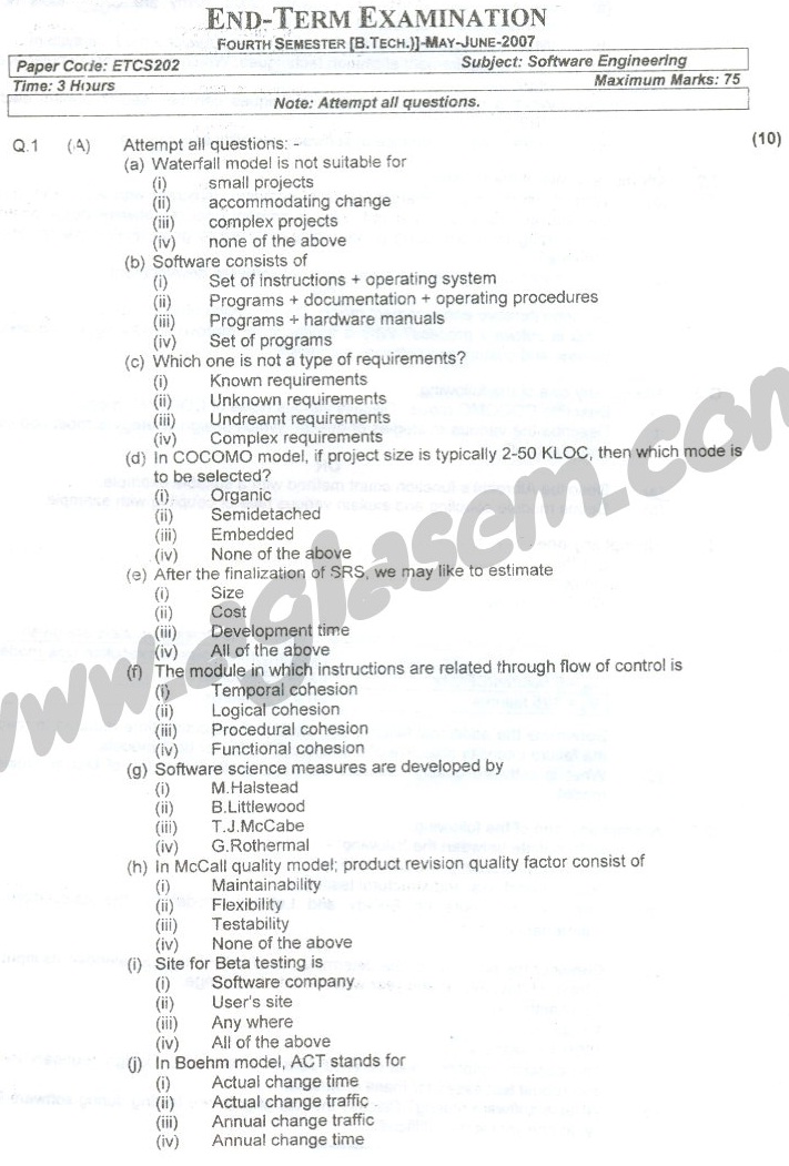 GGSIPU Question Papers Fourth Semester  end Term 2007  ETCS_202/ETCS_204