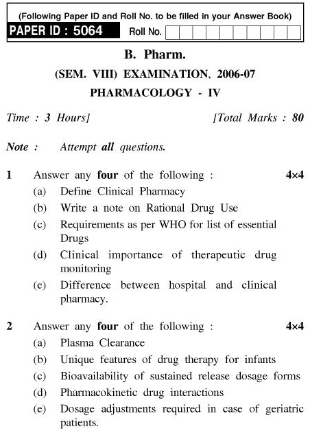 UPTU B.Pharm Question Papers PH-483 - Pharmacology-IV