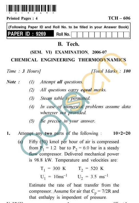 UPTU: B.Tech Question Papers - TCH-606 - Chemical Engineering Thermodynamics