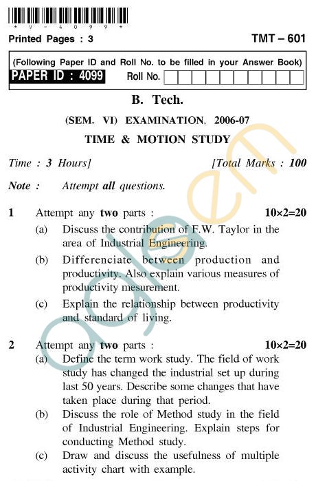 UPTU B.Tech Question Papers - TMT-601 - Time & Motion Study