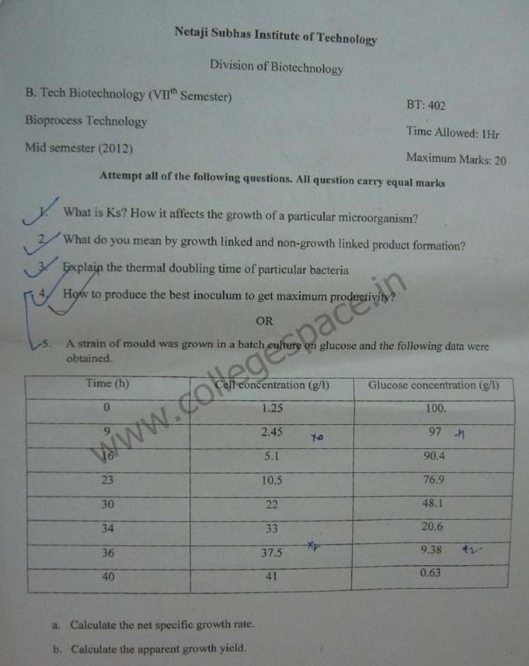NSIT Question Papers 2012  7 Semester - Mid Sem - BT-402