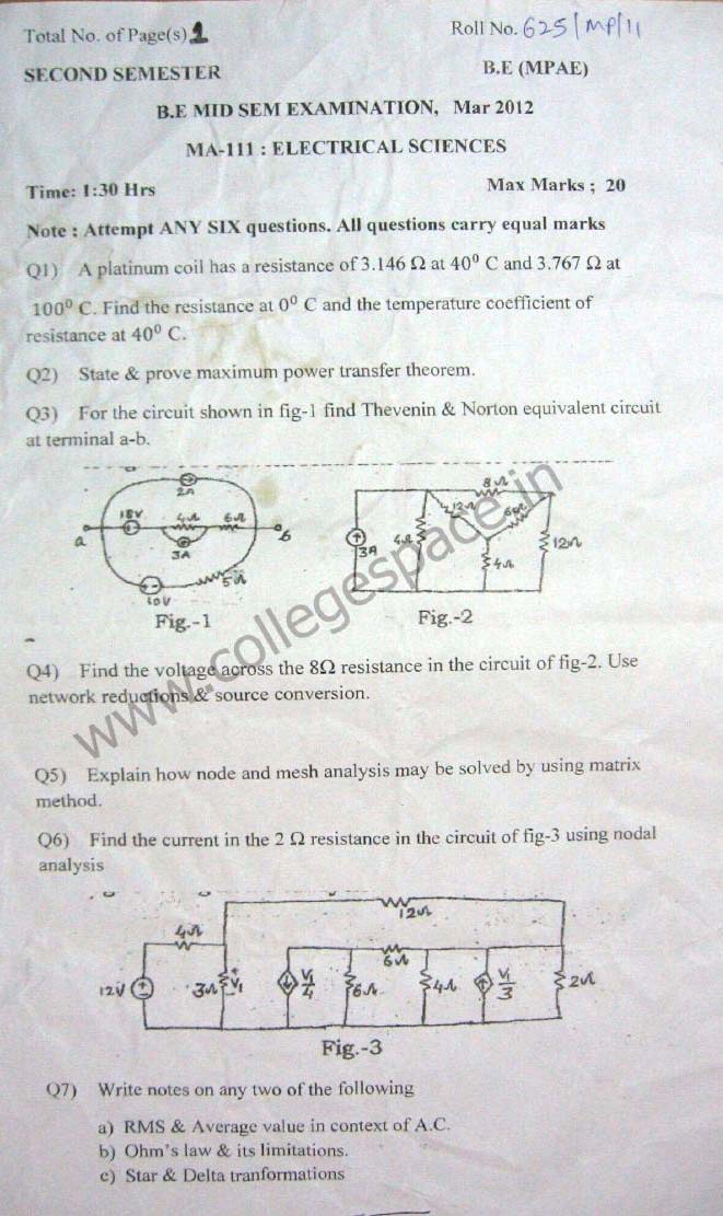 NSIT Question Papers 2012 – 2 Semester - Mid Sem - MA-111