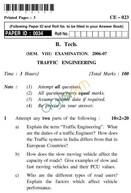 UPTU B.Tech Question Papers - CE-023-Traffic Engineering