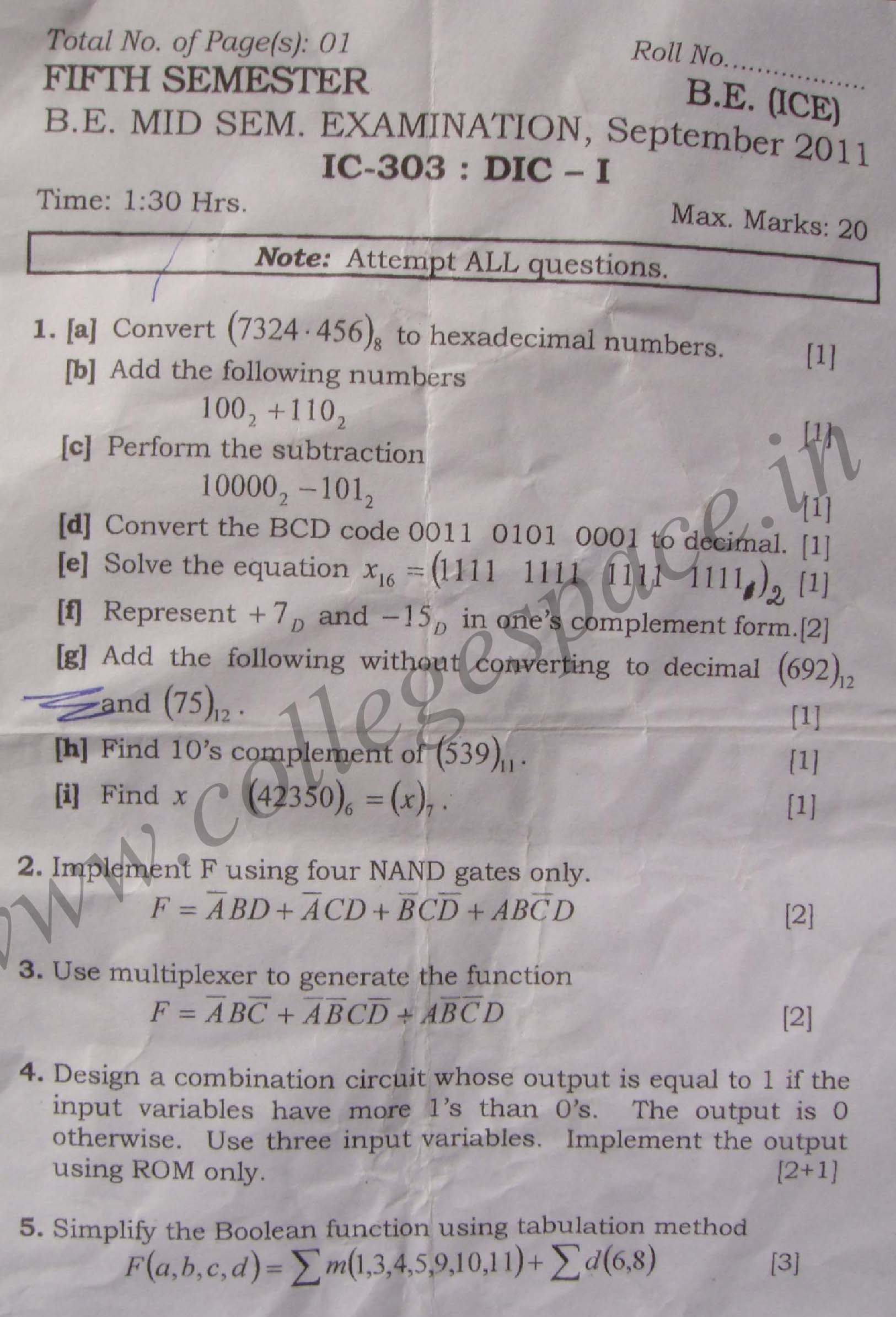 NSIT: Question Papers 2011  5 Semester - Mid Sem - IC-303