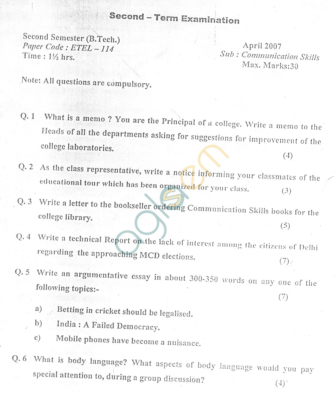 GGSIPU Question Papers Second Semester  Second Term 2007  ETEL-114