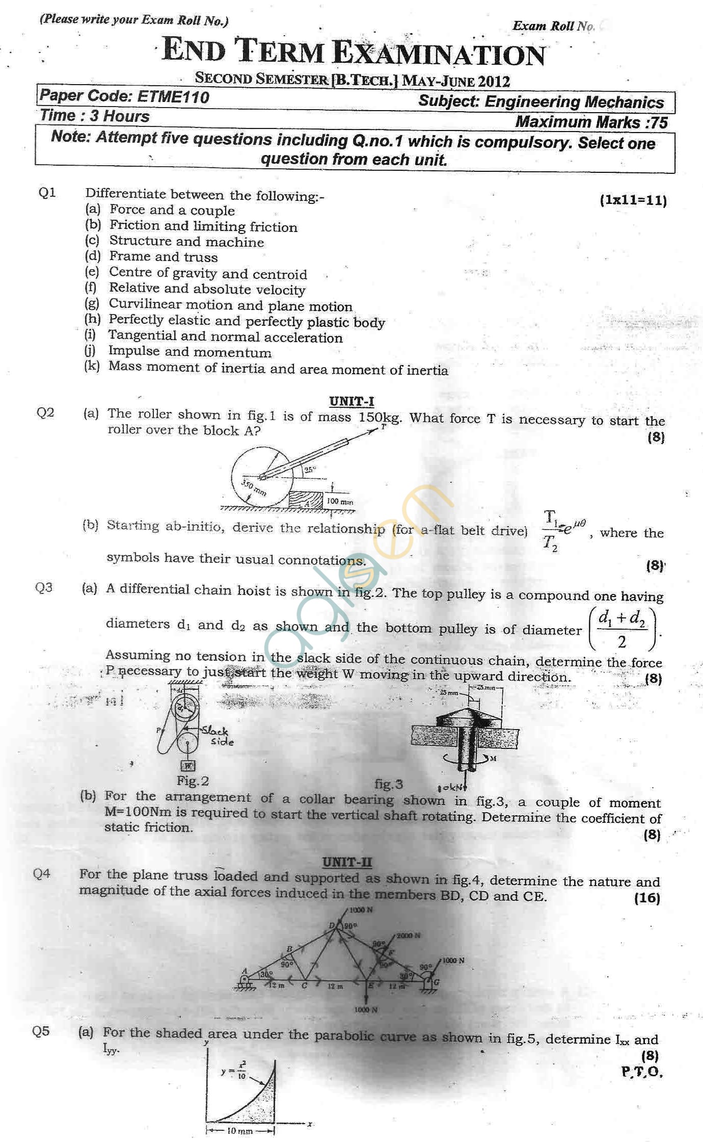 GGSIPU Question Papers Second Semester – end Term 2012 – ETME-110