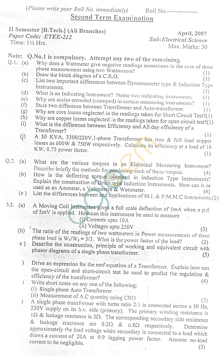 GGSIPU Question Papers Second Semester  Second Term 2007  ETEE-212