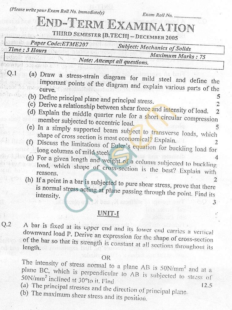 GGSIPU Question Papers Third Semester  End Term 2005  ETME-205