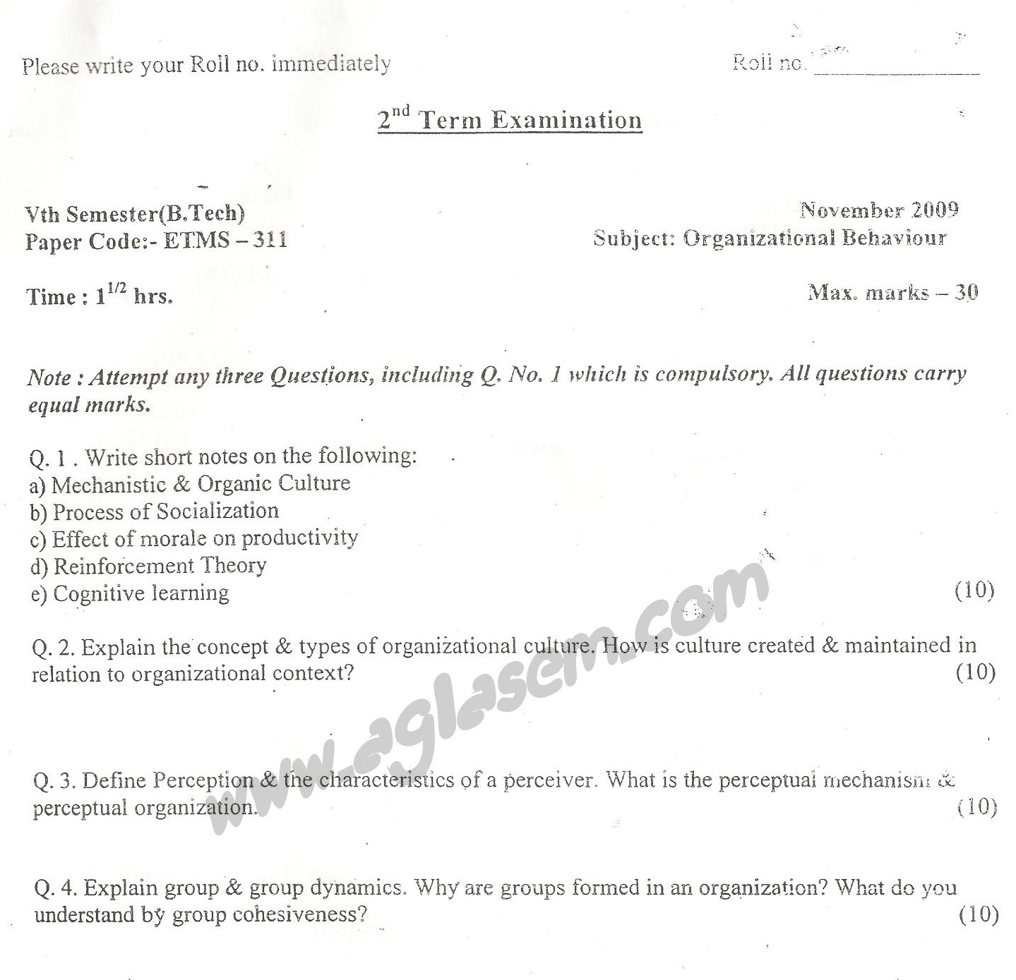 GGSIPU Question Papers Fifth Semester – Second Term 2009 – ETMS-311