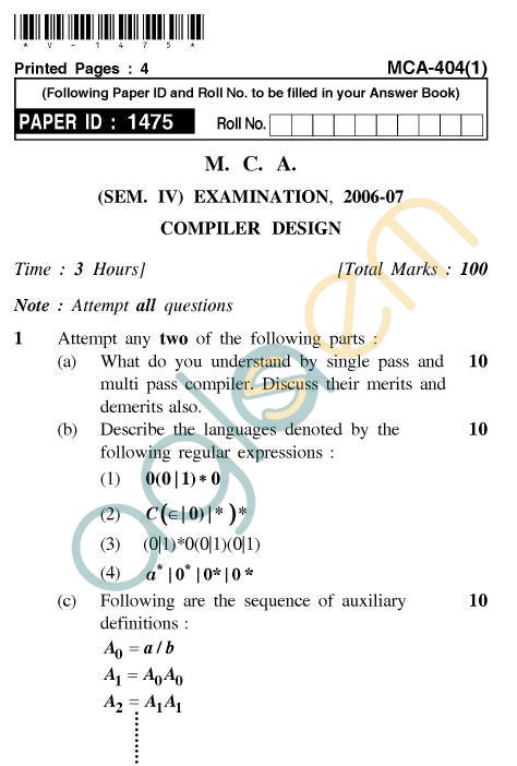 UPTU MCA Question Papers - MCA-404(1) - Compiler Design