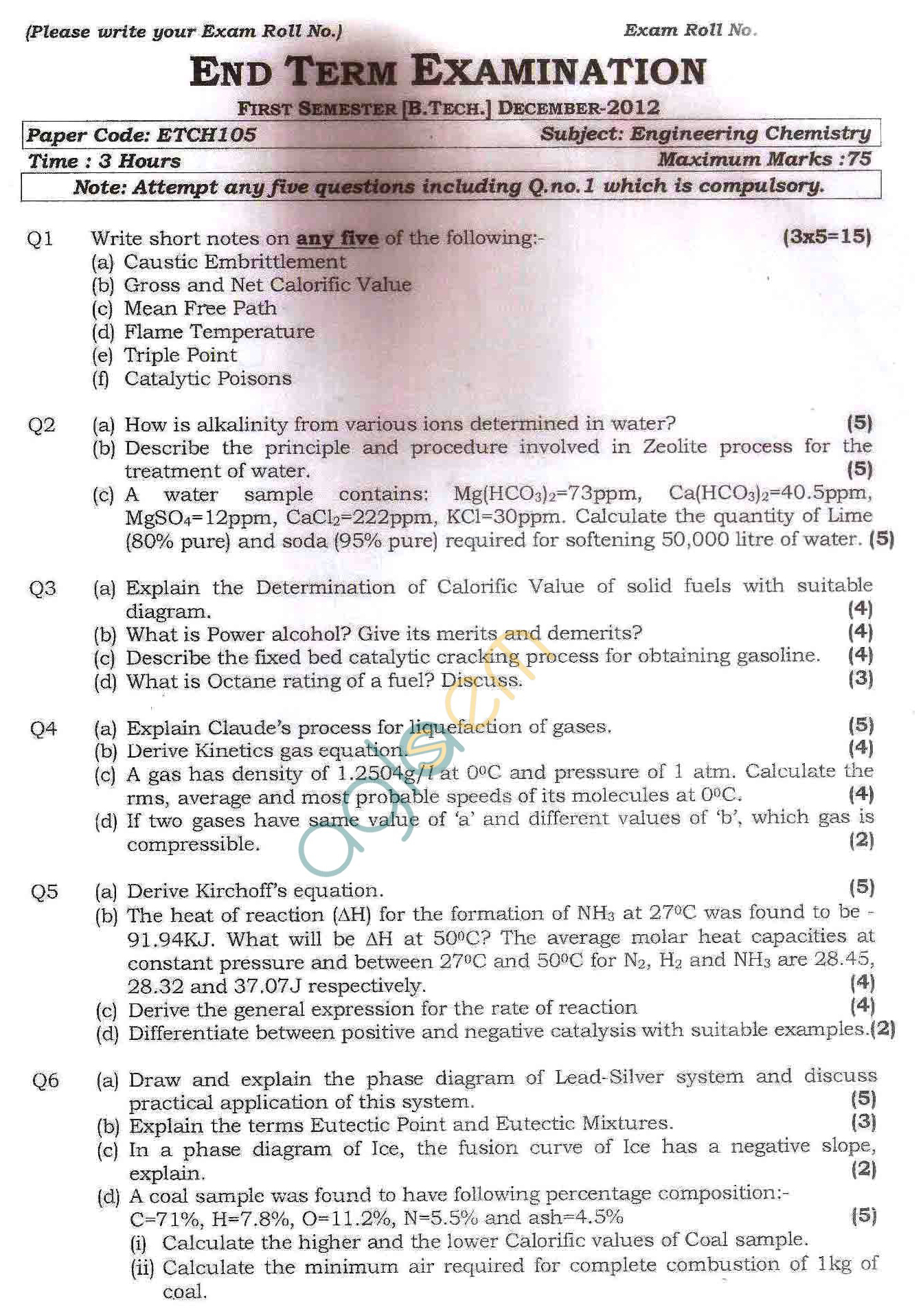 GGSIPU: Question Papers First Semester – end Term 2012 – ETCH-105