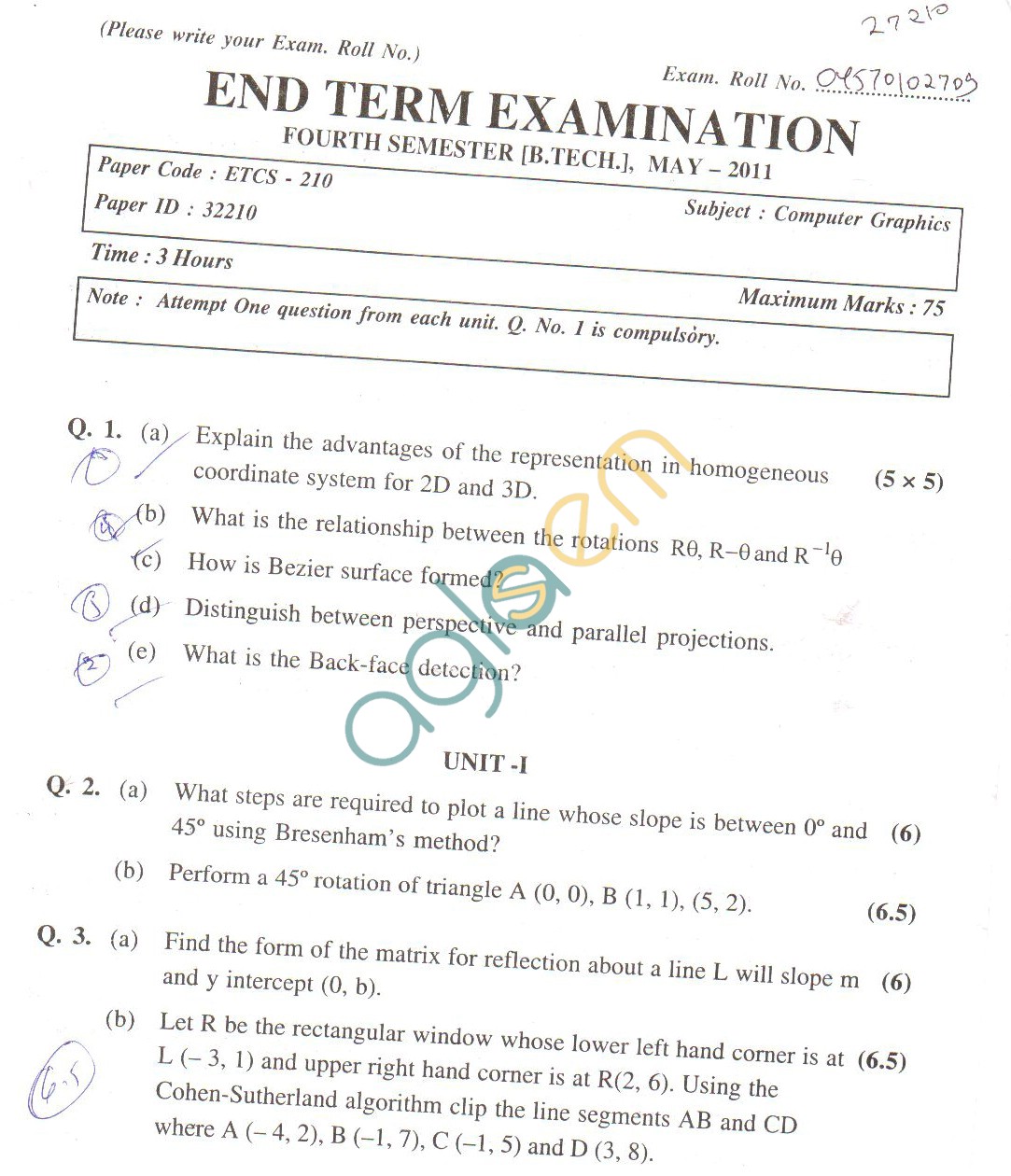 GGSIPU Question Papers Fourth Semester  End Term 2011  ETCS-210
