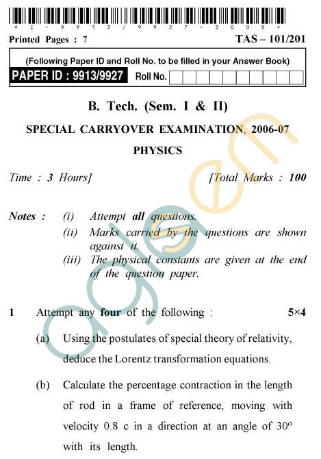 UPTU B.Tech Question Papers -TAS-101/201- Special Carryover Examination, 2006-2007 Physics