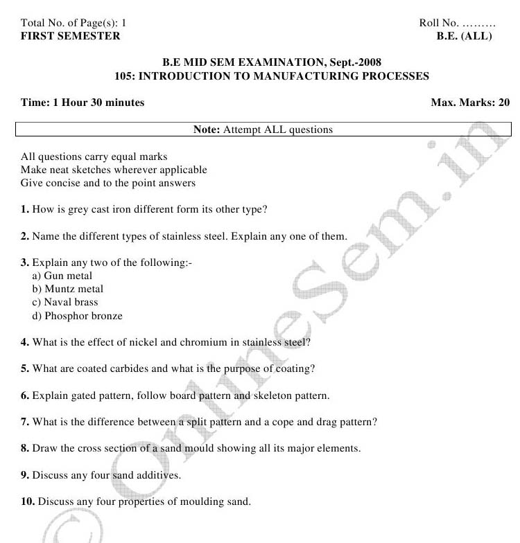 NSIT Question Papers 2008 – 1 Semester - Mid Sem - All Branches-105