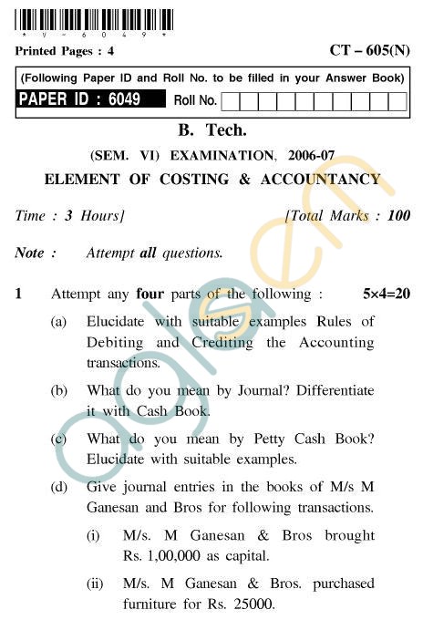 UPTU B.Tech Question Papers - CT605(N) - Elements of Costing & Accountancy