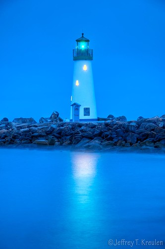 ocean california blue sea santacruz lighthouse reflection night coast harbor pacific jetty rocky shore breakwater