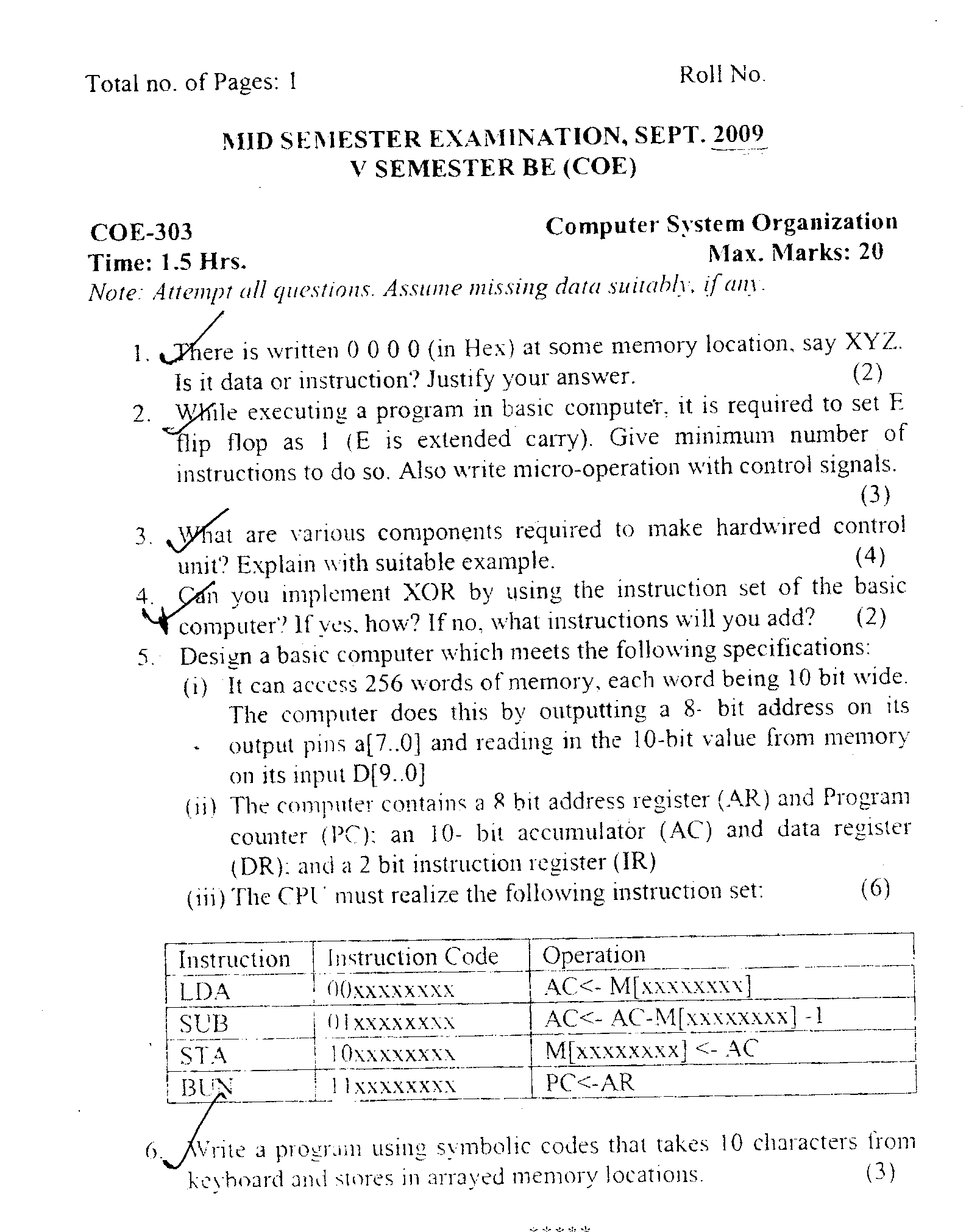 NSIT: Question Papers 2009  5 Semester - Mid Sem - COE-303
