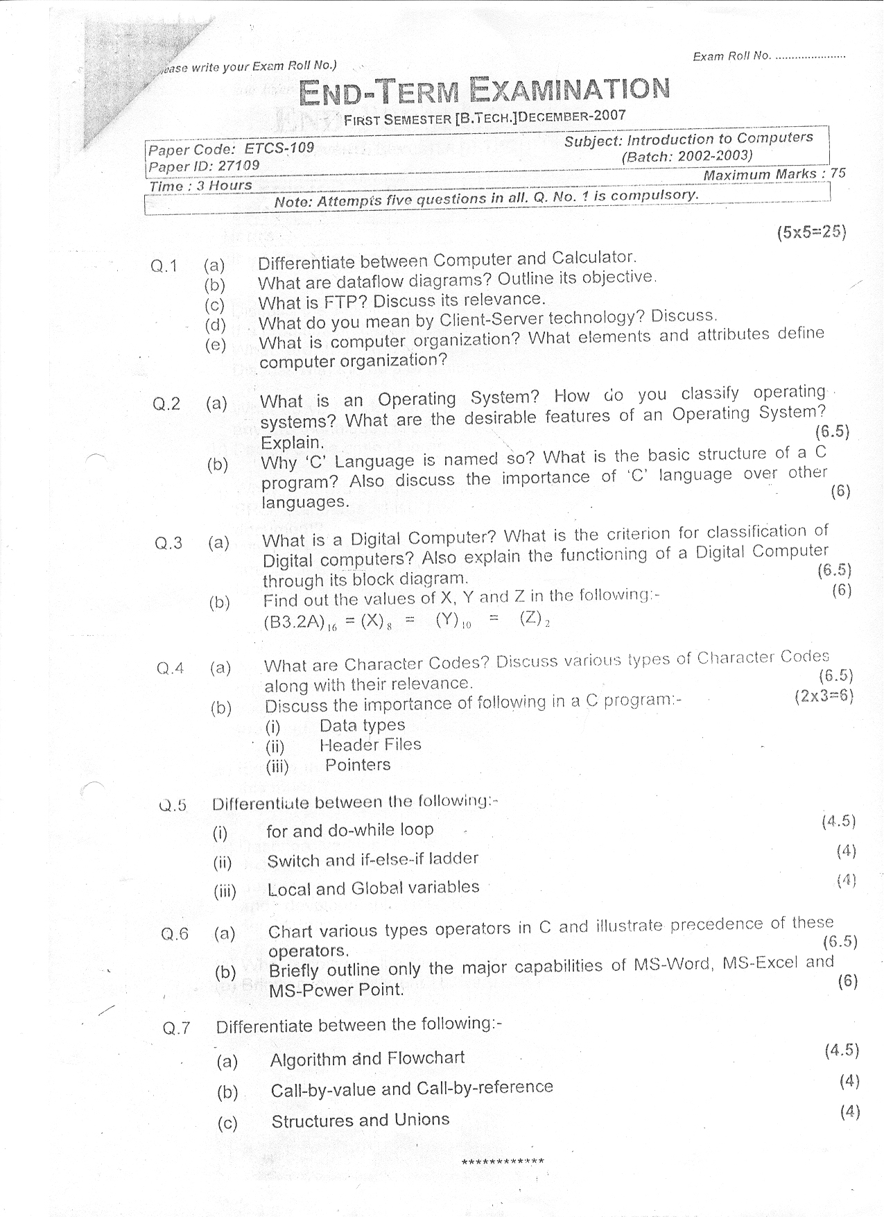 GGSIPU: Question Papers First Semester – end Term 2007 – ETCS-109