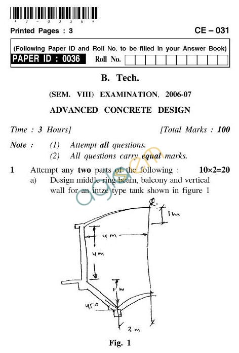 UPTU B.Tech Question Papers - CE-031-Advanced Concrete Design