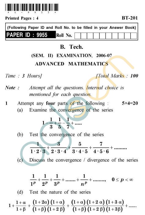 UPTU B.Tech Question Papers - BT-201 - Advance Mathematics