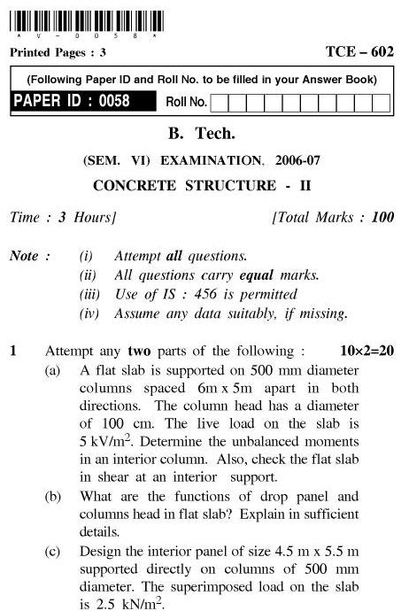 UPT B.Tech Question Papers - TCE-602-Concrete Structure  II