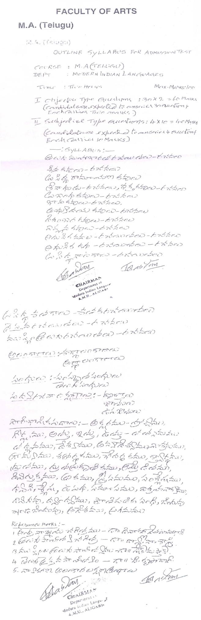 AMU Syllabus - Arts - M. A. Telugu