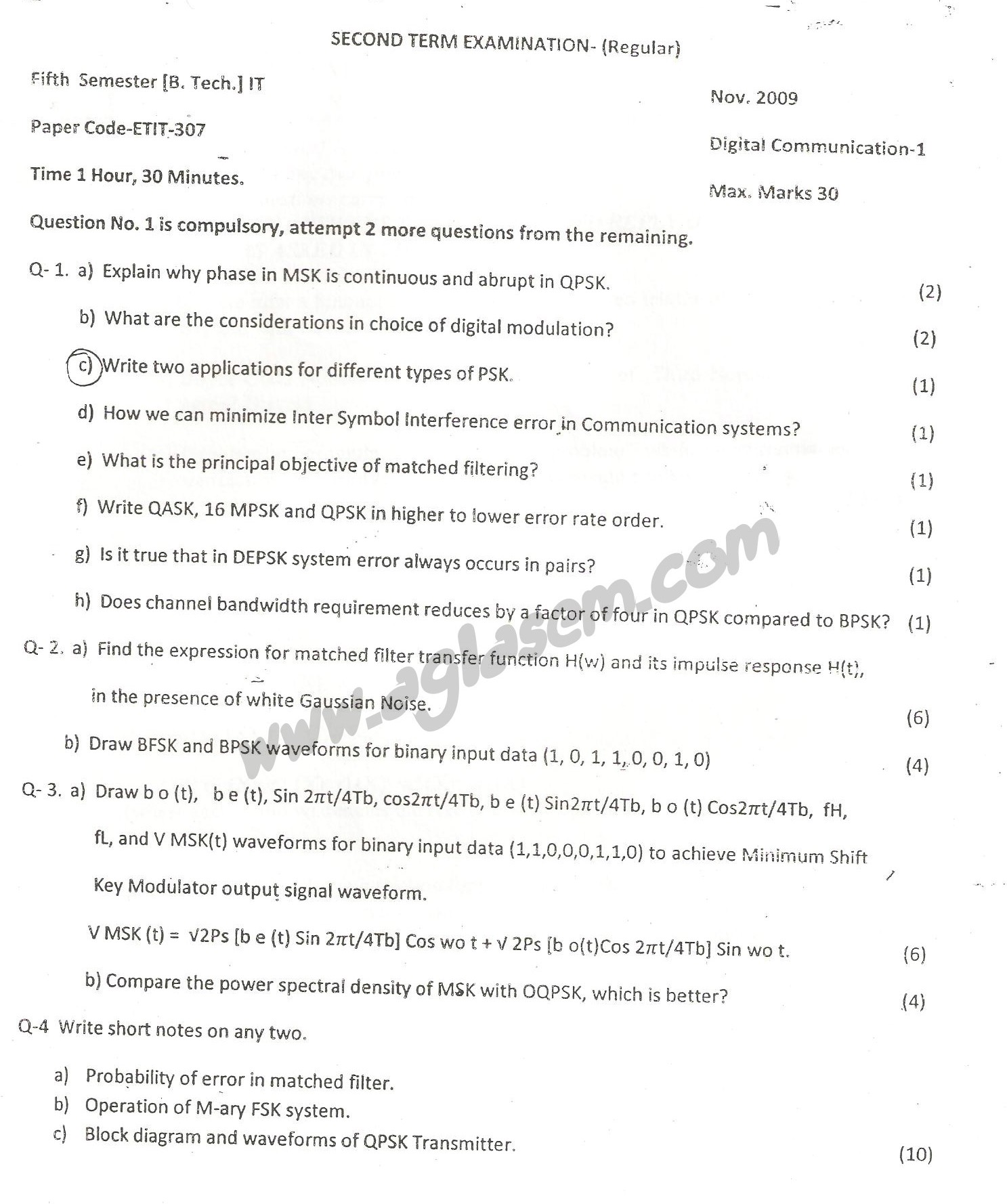 GGSIPU Question Papers Fifth Semester  Second Term 2009  ETIT-307