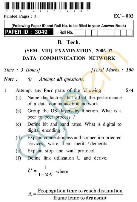 UPTU B.Tech Question Papers - EC-802 - Data Communication Network