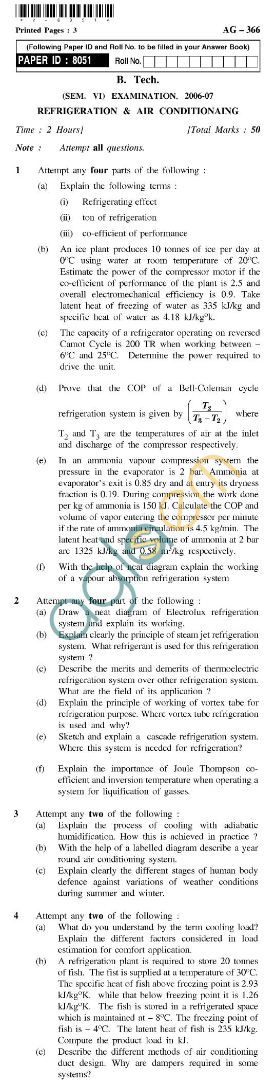UPTU B.Tech Question Papers - AG-366 - Refrigeration & Air Conditioning