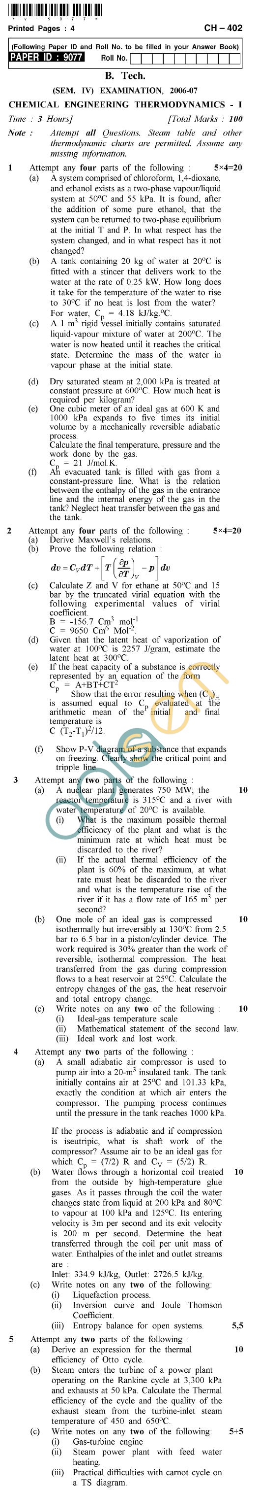 UPTU B.Tech Question Papers - CH-402 - Chemical Engineering Thermodynamics-I