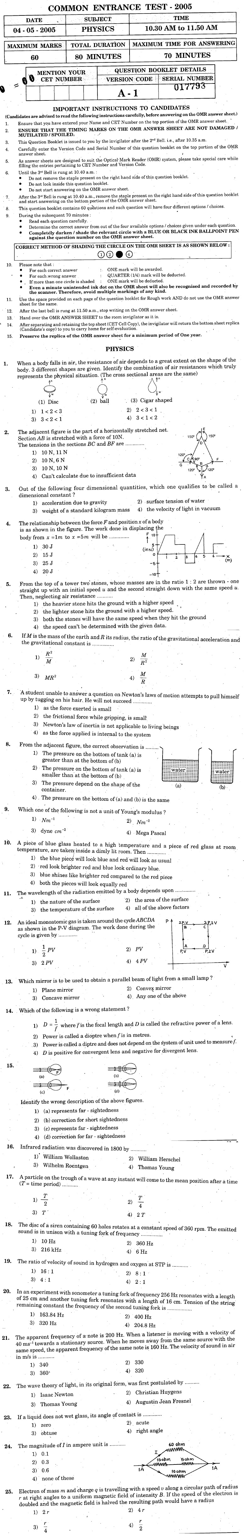 KCET 2005 Question Paper - Physics