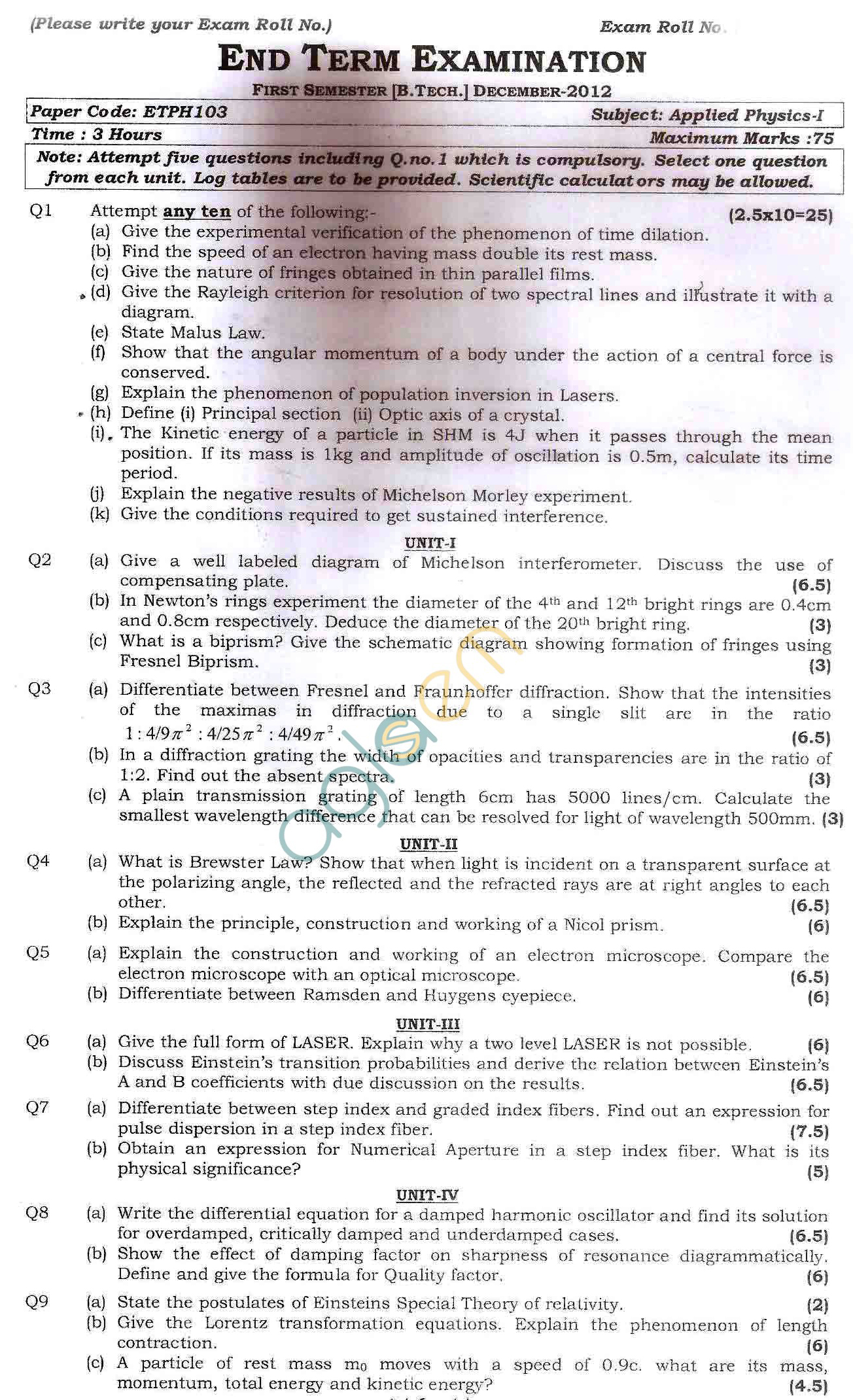 GGSIPU: Question Papers First Semester  end Term 2012  ETPH-103