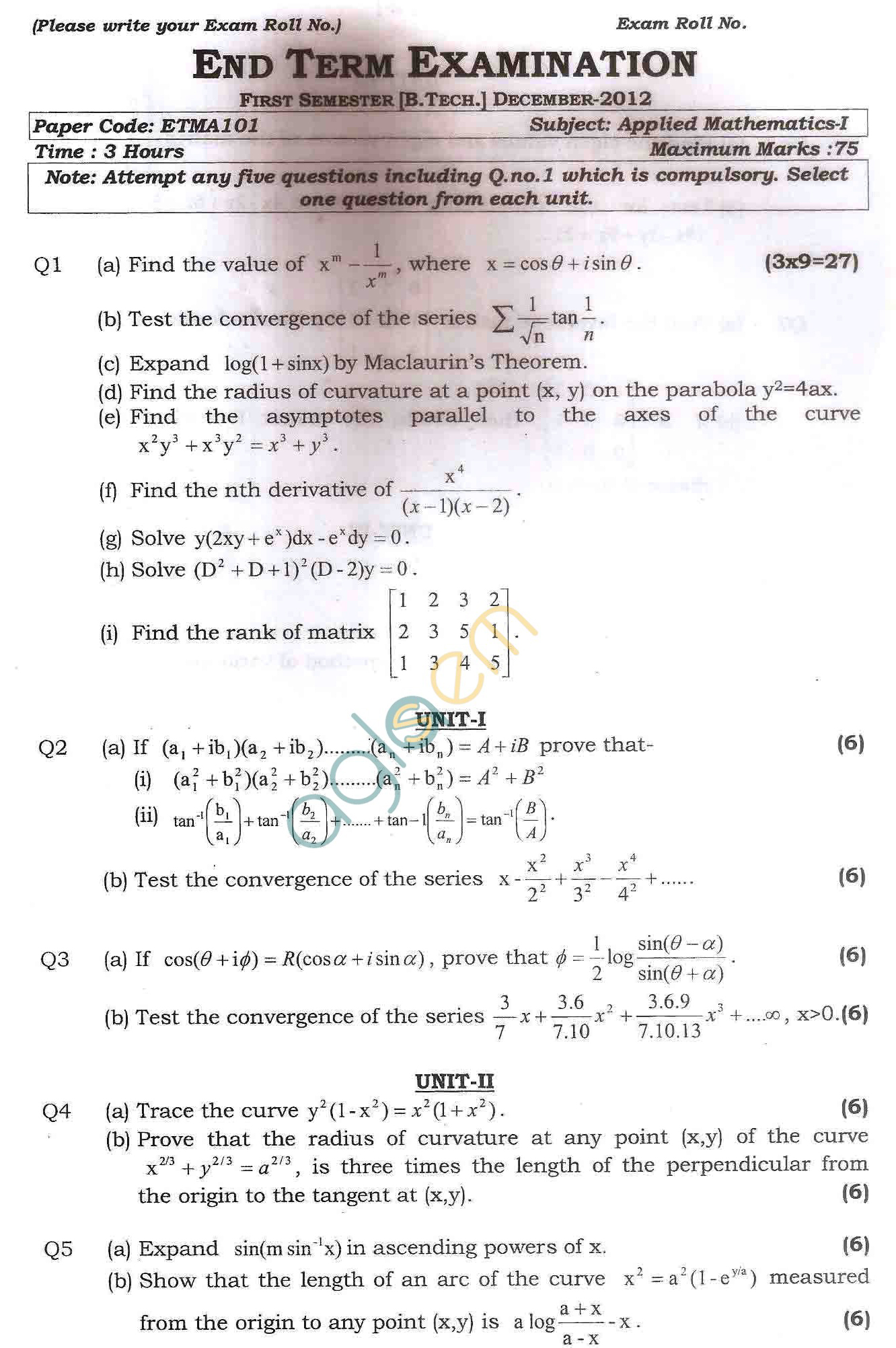 GGSIPU: Question Papers First Semester  end Term 2012  ETMA-101