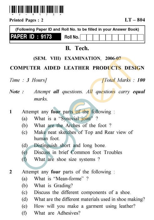 UPTU B.Tech Question Papers - LT-804 - Computer Aided Leather Products Design