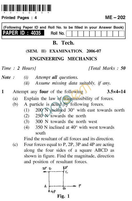 AKTU B.Tech Question Paper - ME-202 - Engineering Mechanics