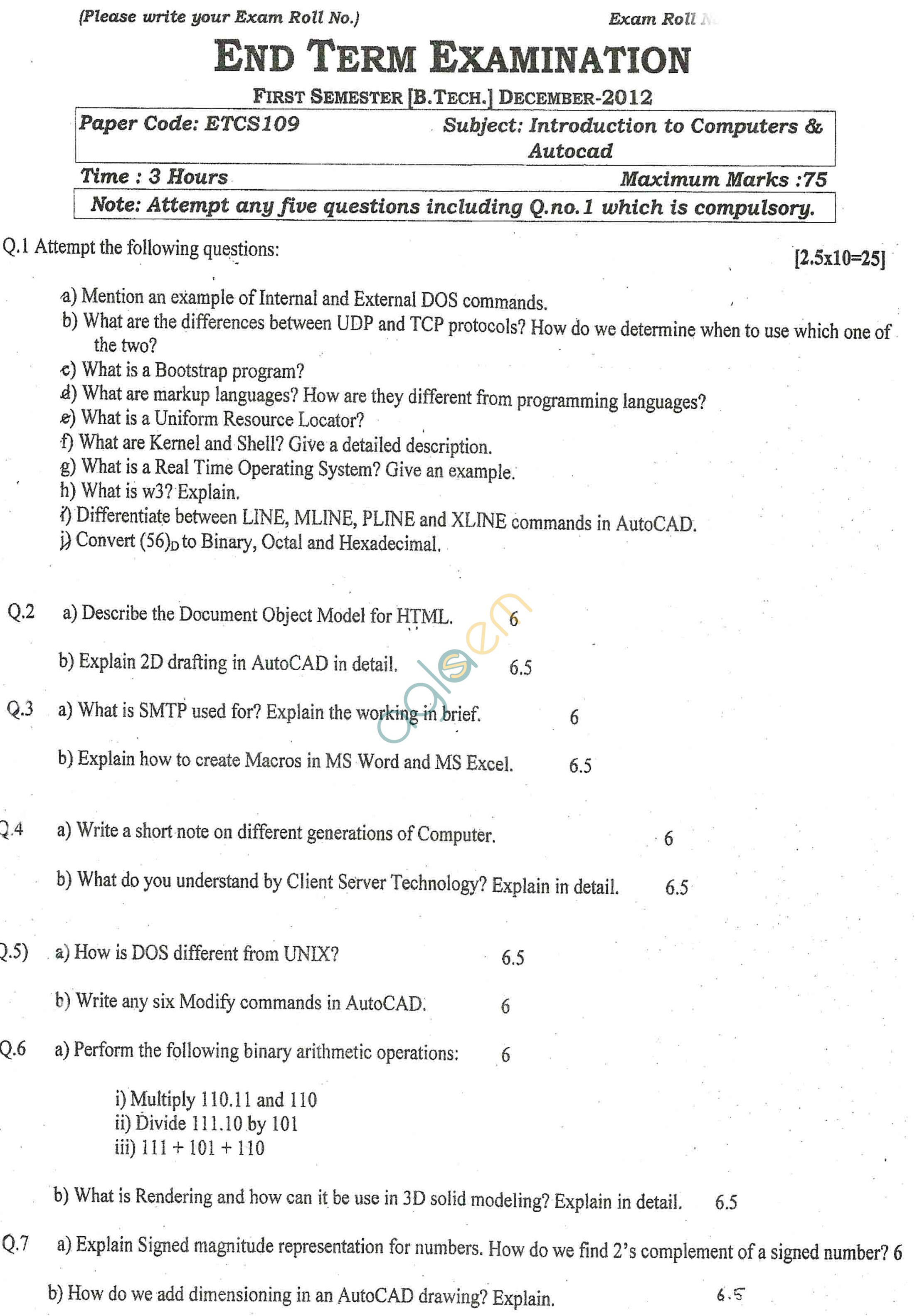 GGSIPU: Question Papers First Semester – end Term 2012 – ETCS-109