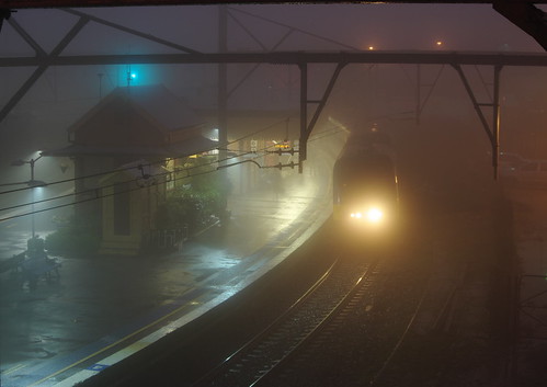 station fog night train railway australia bluemountains nsw katoomba