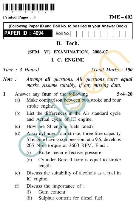 UPTU B.Tech Question Papers - TME-602 - I.C. Engine