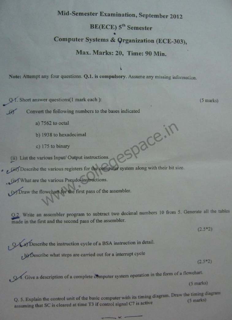 NSIT Question Papers 2012 – 5 Semester - Mid Sem - ECE-303